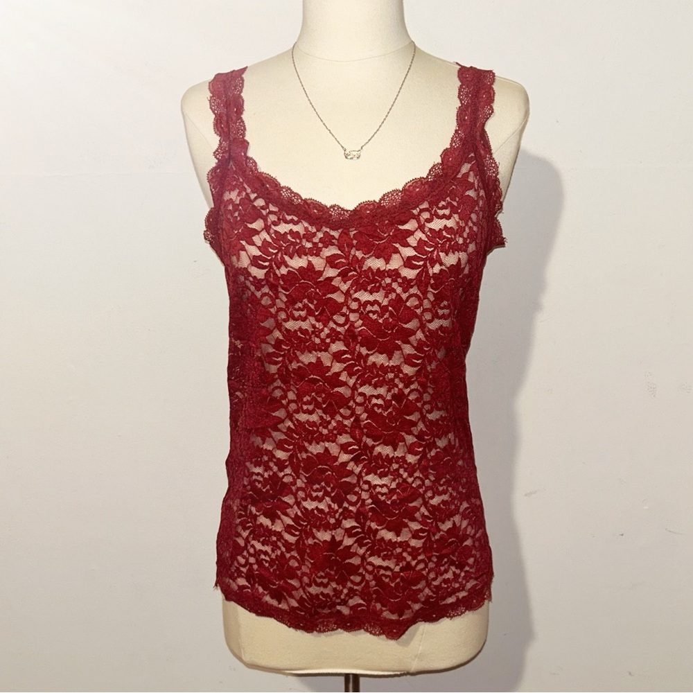 Sheer Lace Tank Top - Wine Red Sleeveless Layering Shell